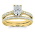 Radiant Moissanite and Diamond Square Shank Trellis 2-Piece Bridal Rings Set 1 3/5 TCW 14k Yellow Gold